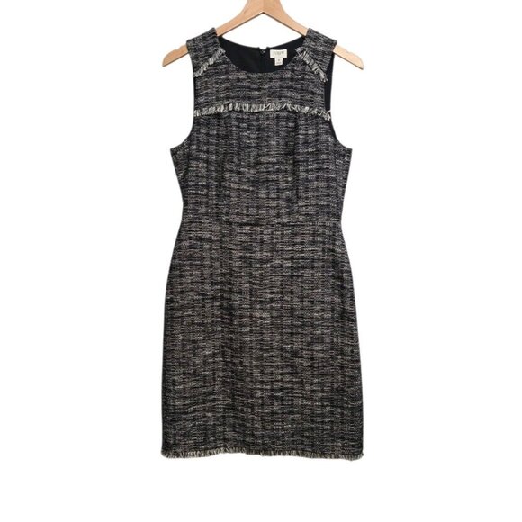 J Crew Womens Size 6 Navy Blue Metallic Fringe Tweed Sheath Dress Classic Career - Picture 2 of 8